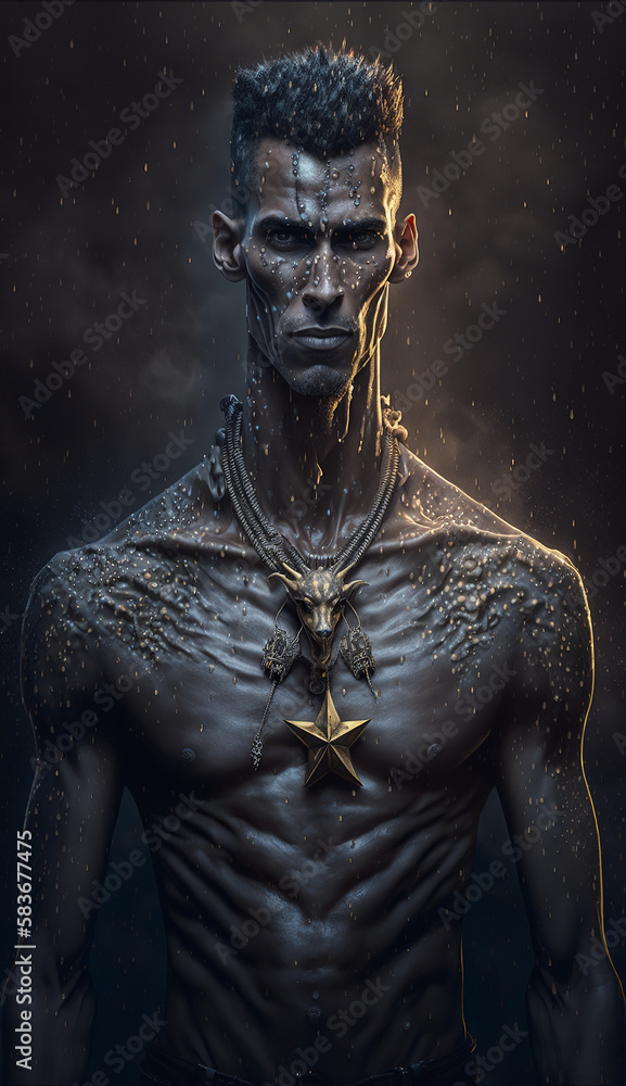 Brutal portrait of a tall, dark giraffe man. Created using generative AI.