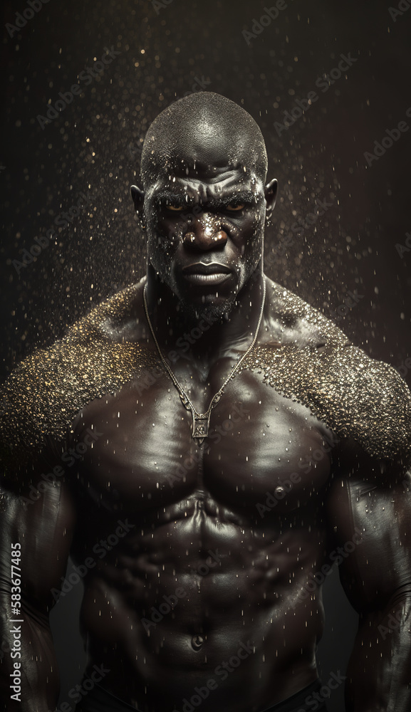 A handsome dark man, a brutal picture of a muscular guy, a great warrior with a menacing look in the rain. Created by generative AI.