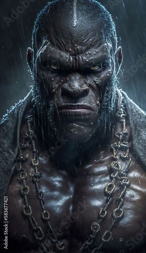 Brutal portrait of a muscular dark man, a warrior with a formidable look in the rain. Created using generative AI.