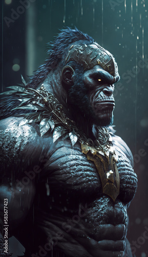 Brutal portrait of a muscular man gorilla, monkey, kin kong with a formidable look in the rain. Created using generative AI.