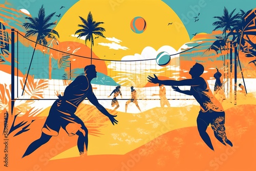 a colorful minimalist illustration of people playing beach volleyball in summer. generative ai