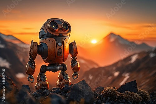 Fototapeta Robot Standing on Mountain at Sunset