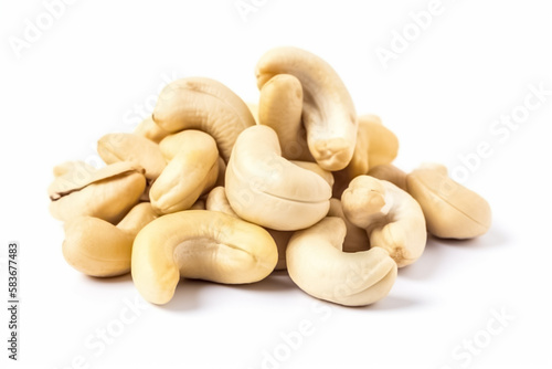Heap of cashew nuts isolated on white background. Generative AI