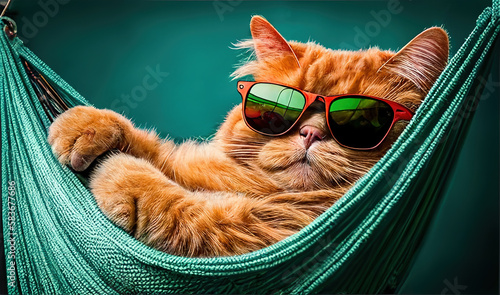 Cat in sunglasses relaxes on hammock, funny pet on vacation, generative AI photo