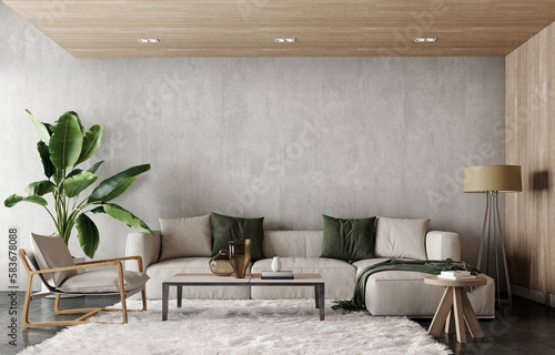 Modern interior design of living room with empty concrete wall background. 3D Rendering, 3D Illustration