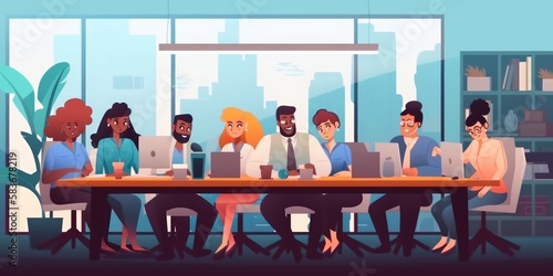 Young happy multiethnic business man woman work together, celebrate success in start up office. Creative team meeting, businesspeople colleague partnership or office coworker teamwork. Generative AI