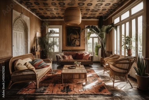 Bohemian timber living room with wallpaper  parquet  and cane ceiling. Sofa  jute carpet  and dark wood rattan armchairs. Boho decor . Generative AI