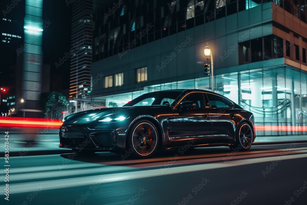 an electric sports car driving through a city at night. generative ai an electric sports car driving through a city at night. generative ai