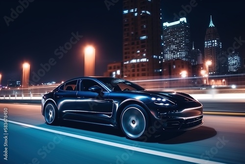 an electric sports car driving through a city at night. generative ai