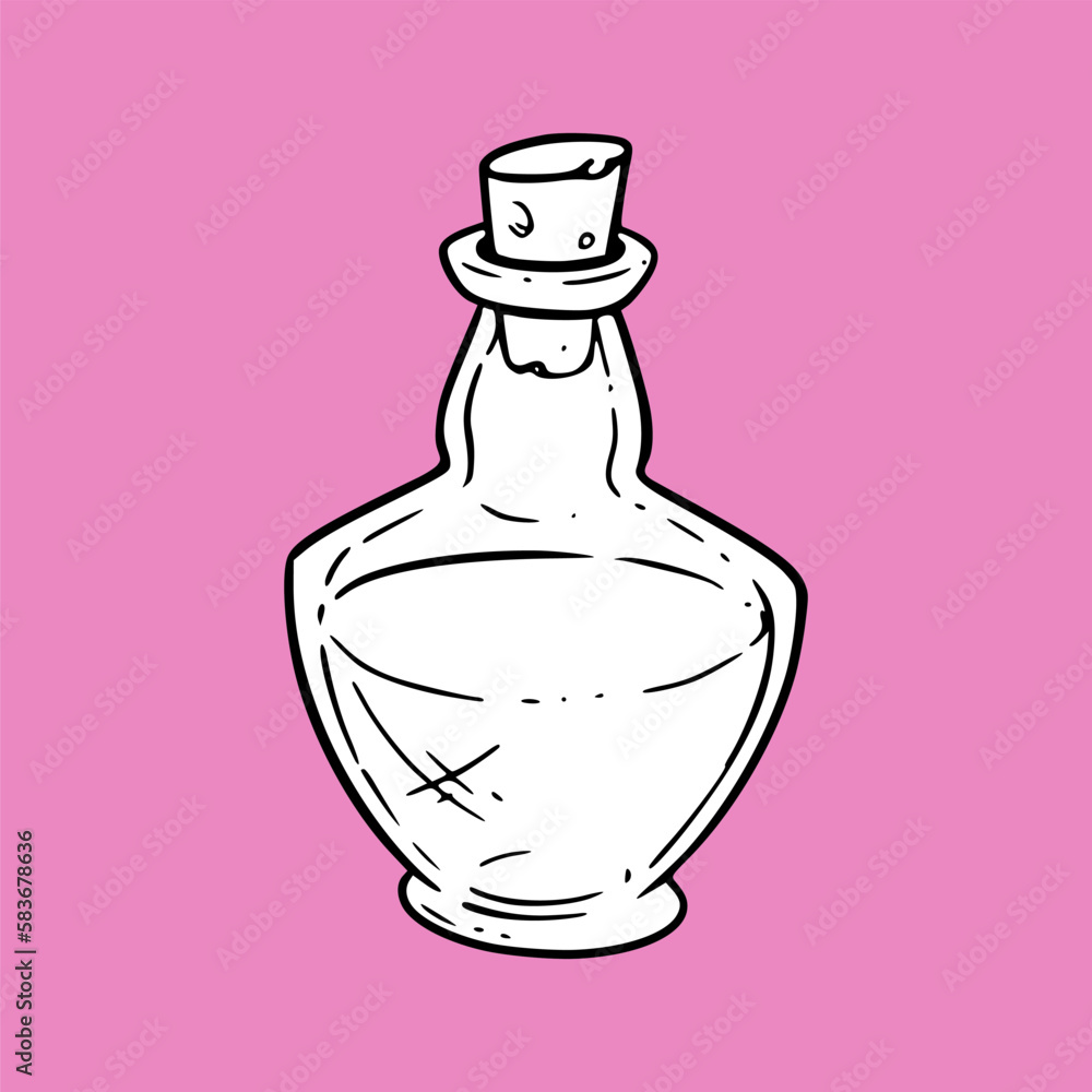 Potion bottle with witch elixir. Retro glass bottle or flask with cork. Vector illustration isolated on pink backround Potion bottle with witch elixir. Retro glass bottle or flask with cork. Vector illustration isolated on pink backround
