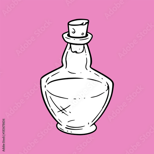 Potion bottle with witch elixir. Retro glass bottle or flask with cork. Vector illustration isolated on pink backround