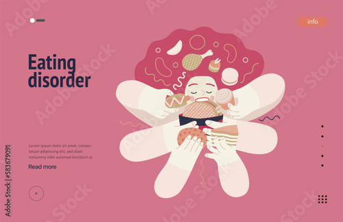 Mental disorders web template. Eating disorder - modern flat vector illustration of a woman stuffing herself meeting with a stress experience. People emotional, psychological, mental traumas concept