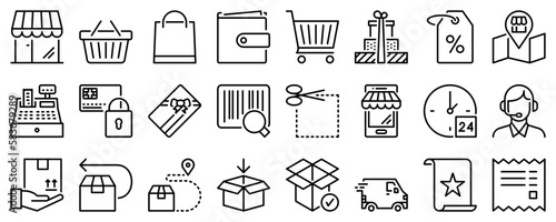 Line icons about shopping process on transparent background with editable stroke.