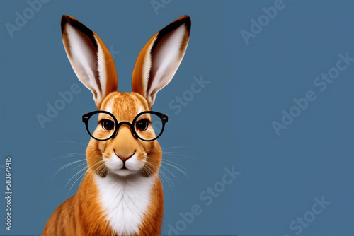 Funny hare with glasses on a blue background. AI generative © ROMAN DZIUBALO