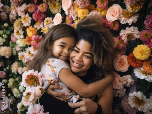 Happy mother with her daughter in her arms and flowers. the concept of happiness. Mother's Day. Ethnic diversity. Generative AI