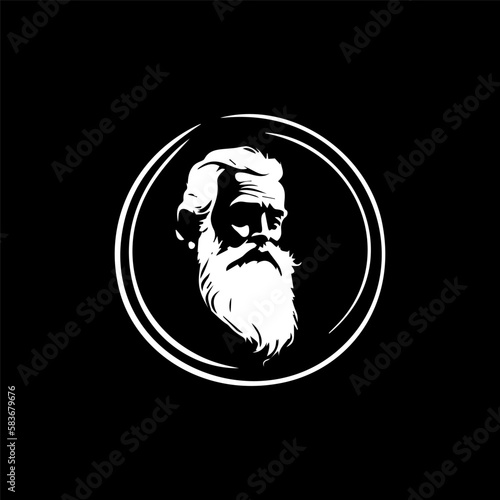 Bearded old man bust logo template, Santa Claus monument emblem, sage stamp, grandfather tattoo sketch. Hand drawing emblem on black background for body art, monochrome art. Vector illustration