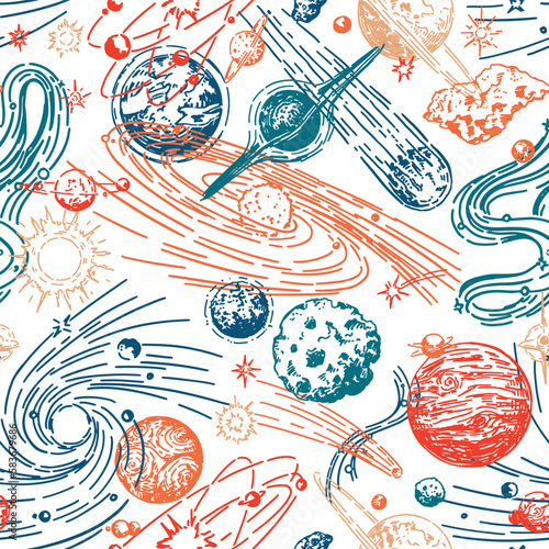 Abstract space seamless pattern. Ornament of planets, stars, comets, asteroids, galaxies. Hand drawn vector cosmic illustrations in retro engraving style.