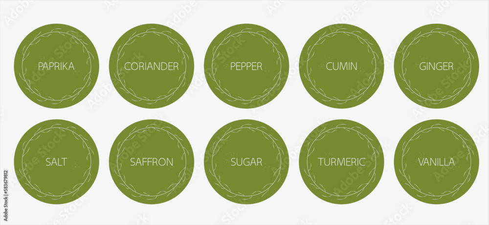 Spice organizer green sticker set. Vector food labels for spices. Labels for marking. Stickers for spices on a white background. Vector illustration in flat style.