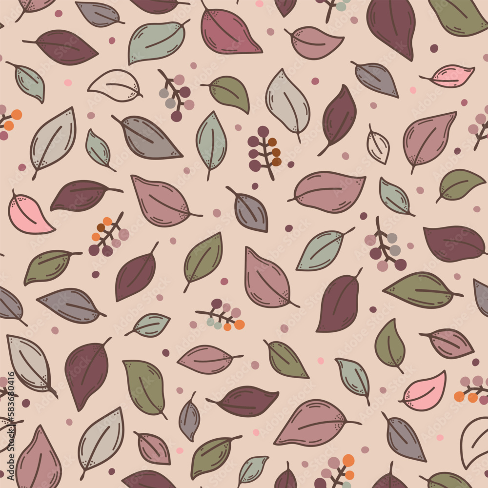 Abstract fall pattern with pale pink and purple autumn leaves and berries