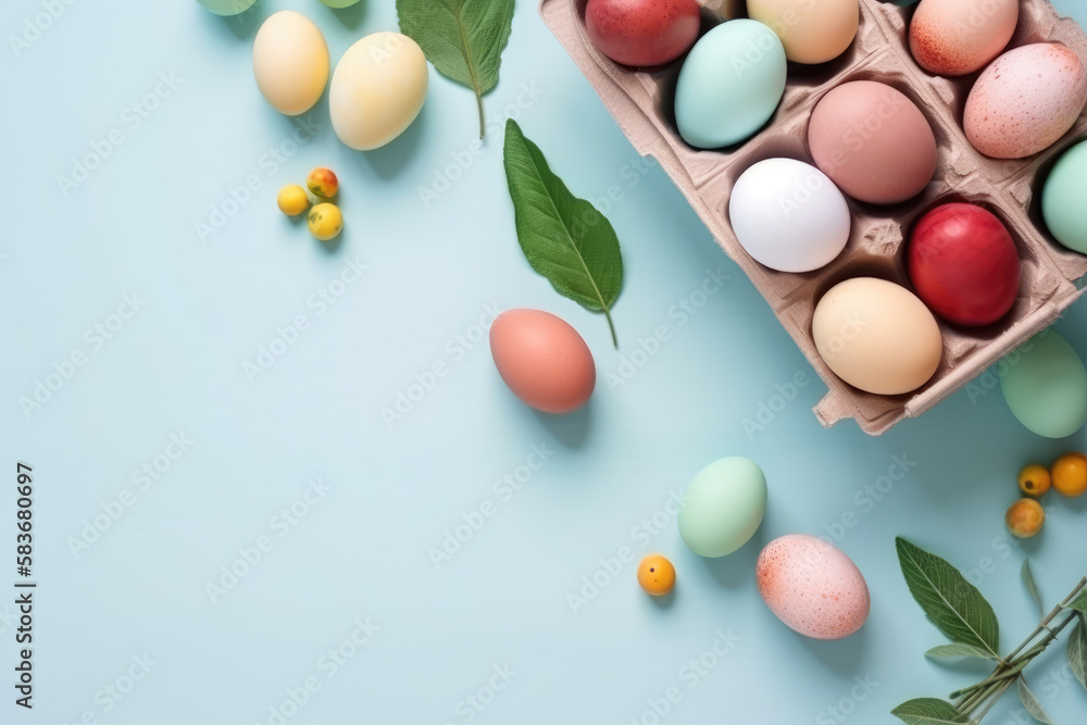 Happy easter! Colourful of easter eggs with flower on pastel blue wooden background. Greetings and presents for Easter Day celebrate time. Flat lay ,top view