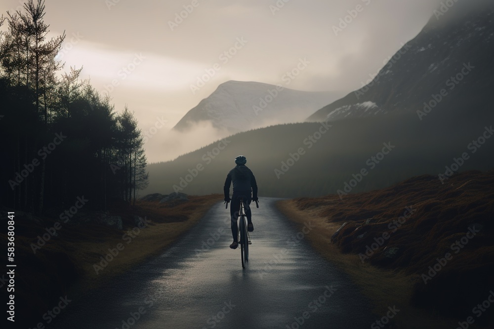 back view of a man cycling on a bike up a beautiful mountain road landscape at sunrise. generative ai back view of a man cycling on a bike up a beautiful mountain road landscape at sunrise. generative ai