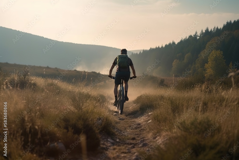 back view of a man cycling on a bike up a beautiful mountain road landscape at sunrise. generative ai