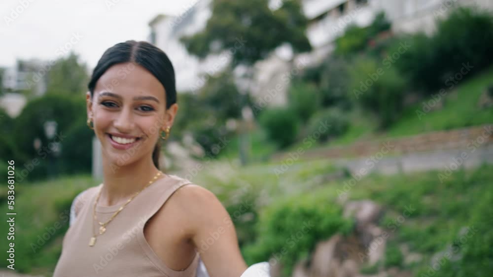 Flirting lady posing camera park close up. Happy carefree woman dancing portrait Flirting lady posing camera park close up. Happy carefree woman dancing portrait