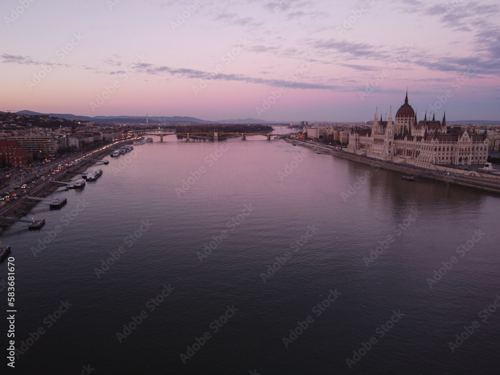 Evening view of Parliament. Colorful sanset in Budapest, Hungary, Europe.