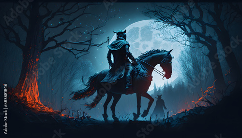 A knight with a horse in the forest at night. Generative AI