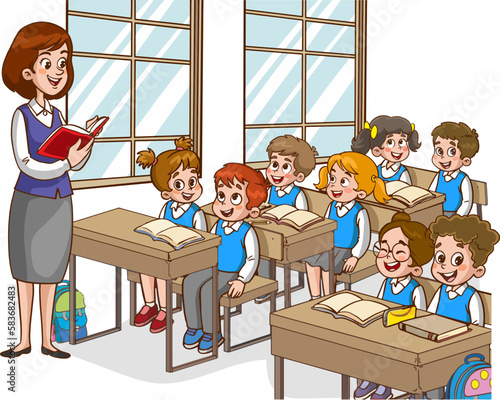 
Illustration with kids and teacher in a classroom. Education illustration. Vector interior. Teacher with pupils in a classroom. Primary school kids. Children listen to teacher.