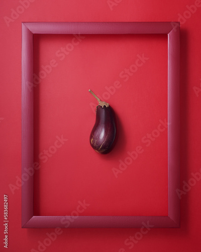 Eggplant in picture frame on red background
