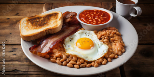 fried eggs, bacon and beans