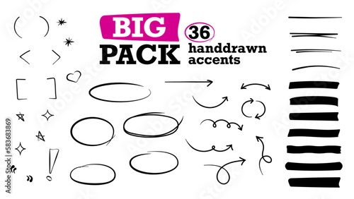 Set of 36 hand drawn accents. Arrows, circles, highlights, underlines, brackets, stars, asterisks and doodles to bring some fun to your artwork.