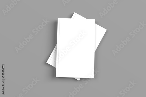 2 softcover book mockups are standing on a gray background, designed with 3D render visual effects that are indistinguishable from reality. A mockup, with flashy white covers resembling a real book.