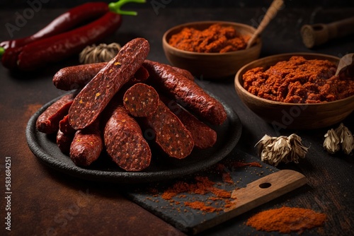 Fototapeta Naklejka Na Ścianę i Meble -  illustration, variety pork, chorizo and sausages ai generative