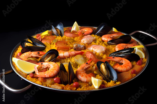 Paella - Spain - Short-grain rice, saffron, chicken or seafood, bell peppers, onions, garlic, tomatoes (Generative AI)