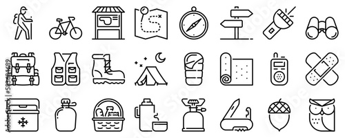 Line icons about trekking and biking on transparent background with editable stroke.