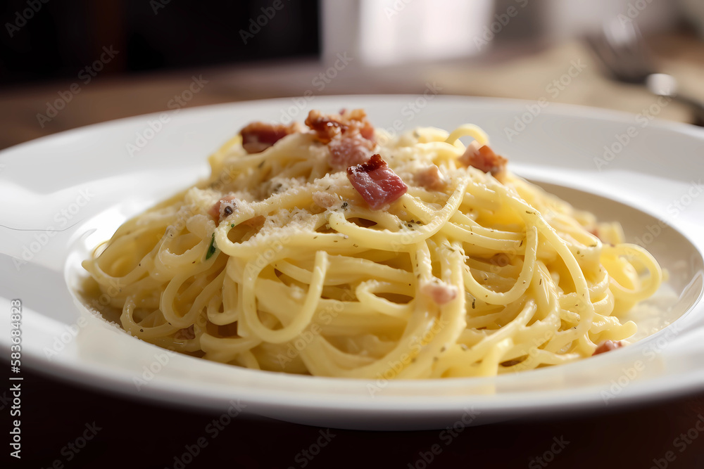 Spaghetti Carbonara - Italy - Spaghetti, bacon, egg yolks, Parmesan cheese, black pepper (Generative AI)