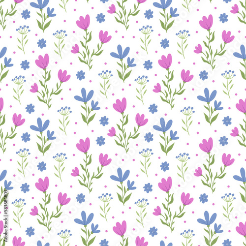 Spring vector pattern with small hand drawn meadow flowers on white background