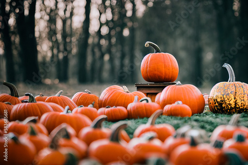 autumn pumpkins lie on the autumn grass, generative AI