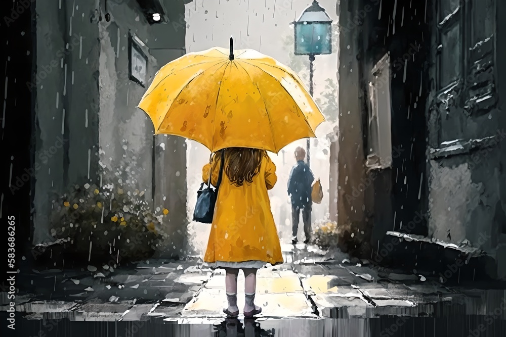 Little girl with yellow umbrella walking in the rain in the city, generative ai illustration