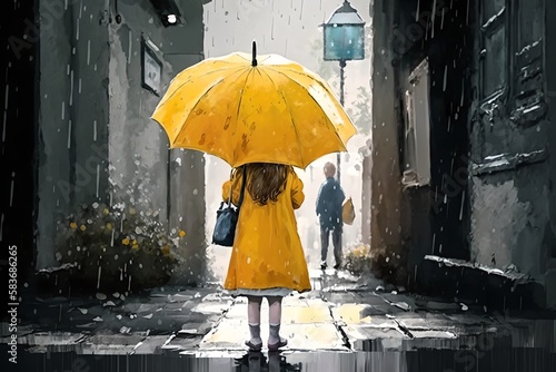 Little girl with yellow umbrella walking in the rain in the city  generative ai illustration