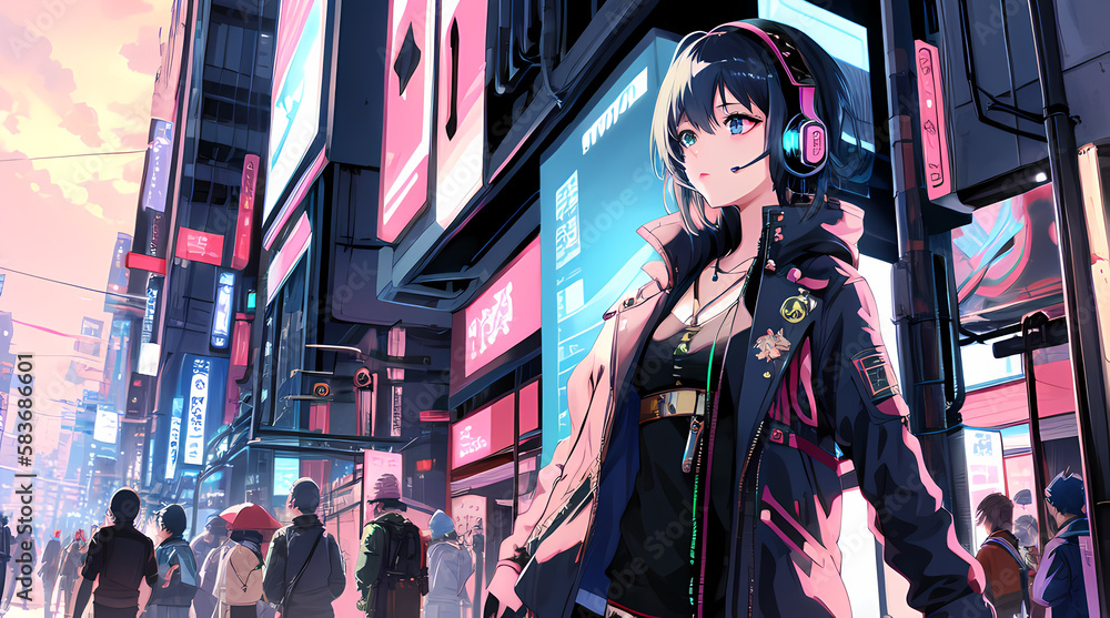 Anime girl with a headset listening to music hip-hop neon clothes, glowing effect, sci-fi cyberpunk Futuristic city background