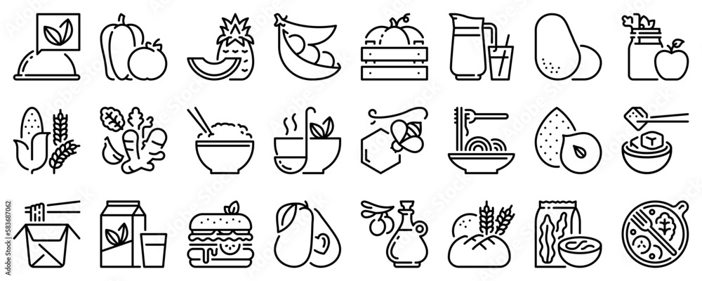 Line icons about vegan food on transparent background with editable stroke.