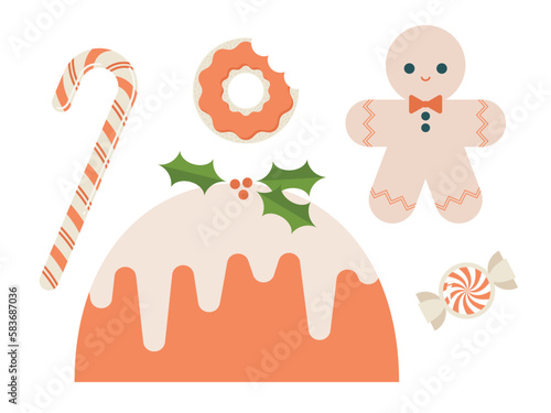 Holiday Dessert Cake, Gingerbread Man, Cookie, Candy Cane and Hard Candy. Vector Illustration Set.