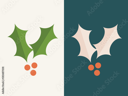 Christmas Holly Leaves with Berries. Vector Illustration Set.