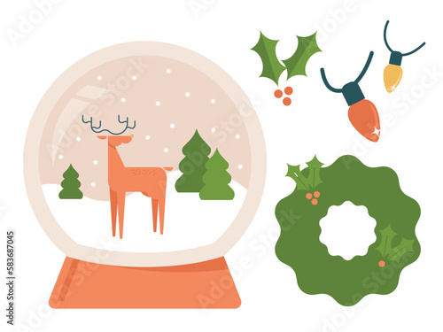 Snow Globe with Reindeer and Trees. Holiday Wreath. Lights and Holly. Vector Illustration Set.
