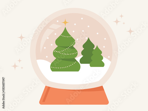 Snow Globe with Christmas Tree. Star. Snow. Sparkles. Vector Illustration.