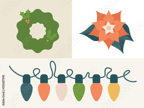 Holiday String of Lights, Wreath and Poinsettia Flower. Vector Illustration Set.