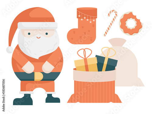 Santa Claus with Holiday Presents. Stocking. Candy Cane and Cookie. Vector Illustration Set.